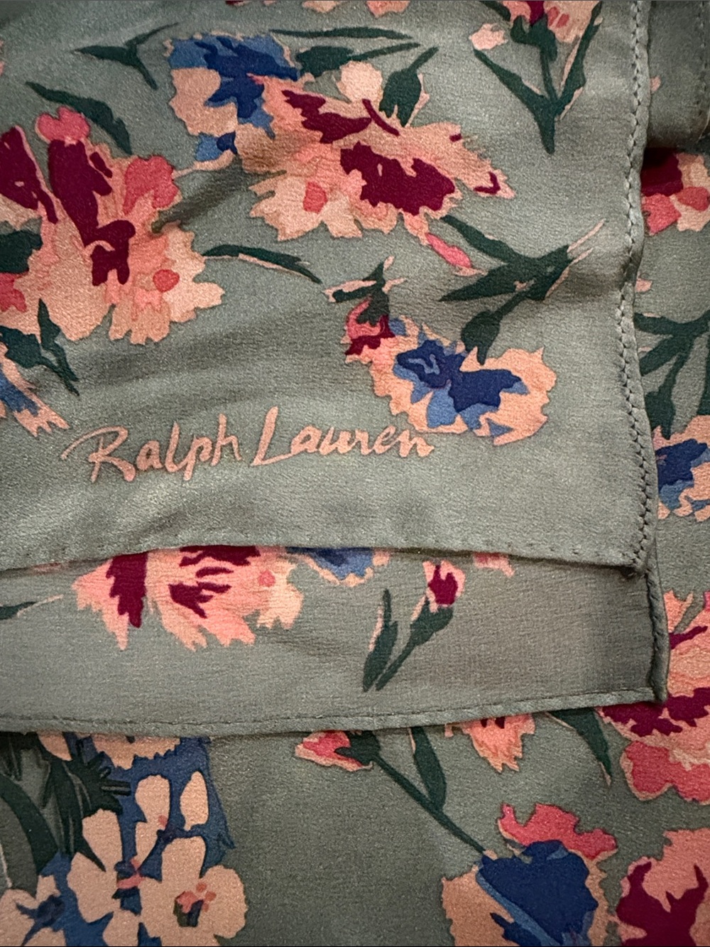 Vintage Ralph Lauren Green, Red Multi Colored Floral Design Silk Square Scarf - Picture 7 of 7
